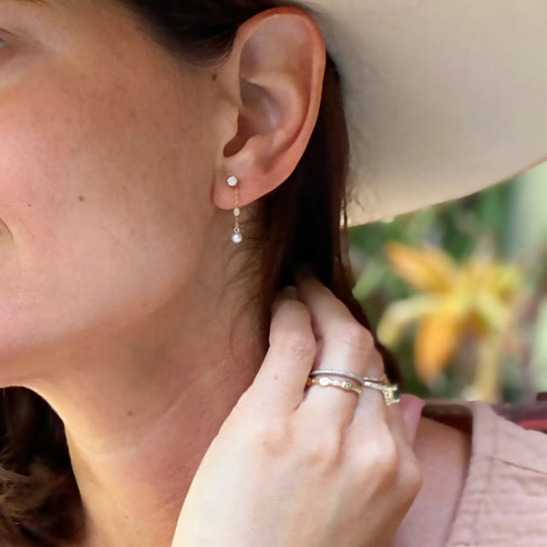 PE0021 925 Sterling Silver Opal & CZ & Pearl Chain Stud Earrings