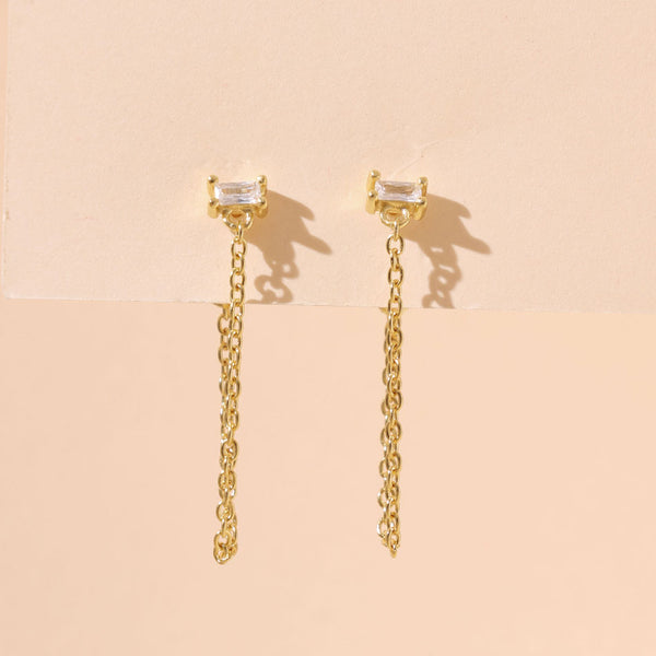 YHE0439 925 Sterling Silver Baguette CZ Women Chain Stud Earrings