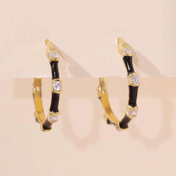 YHE0406 925 Sterling Silver Bamboo Black Enamel Hoop Earring