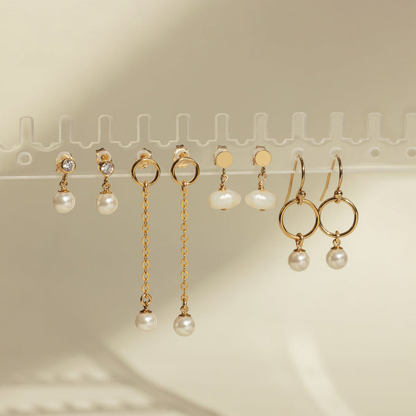 PE0001 925 Sterling Silver Freshwater Pearl Chain Drop Stud Earrings