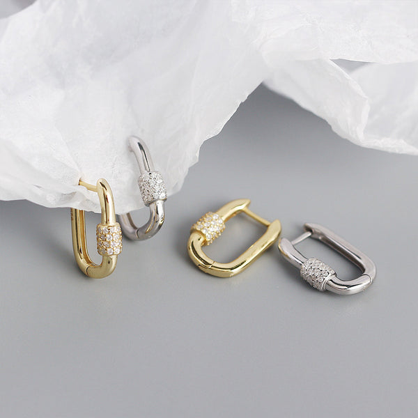 YHE0345 925 Sterling Silver Danity Cubic Zirconia Carabiner Hoop Earrings