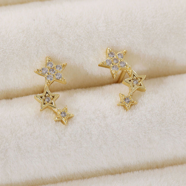 YHE0481 925 Sterling Silver Triple star trio Cubic Zirconia Stud Earring