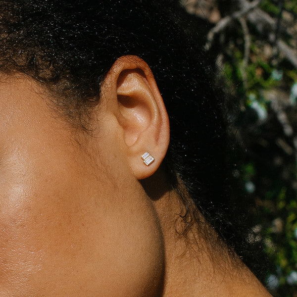 FE1740 925 Sterling Silver Stacked Baguette Cubic Zirconia Stud Earring