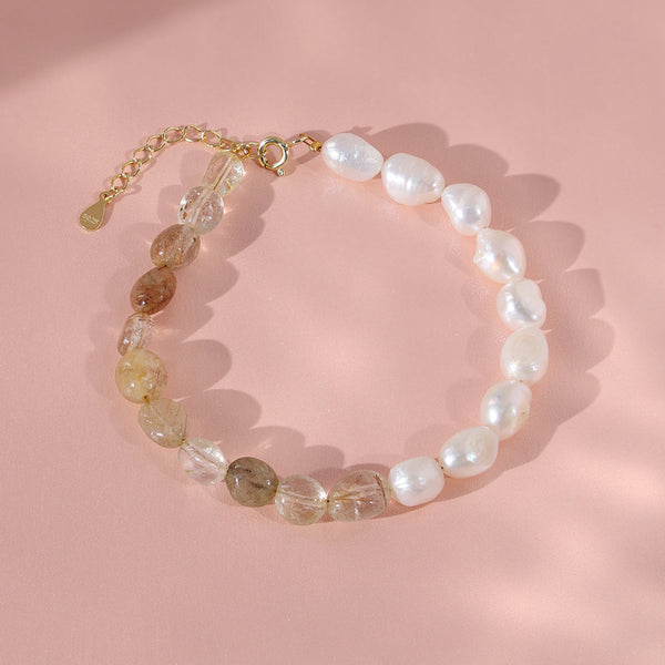 PB0016 925 Sterling Silver Trendy Copper Hair Crystal Freshwater Pearl Bracelet