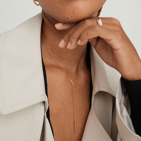 FX0909 925 Sterling Silver Pave CZ Vertical Bar Lasso Lariat Necklace