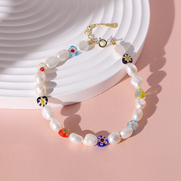 PB0027 925 Sterling Silver Freshwater Pearl Colorful Glass Beads Bracelet