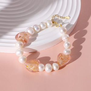 PB0001 925 Sterling Silver Heart Bead & Withe Freshwater Pearl Bracelet