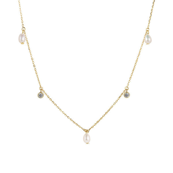 FX0757 925 Sterling Silver Bezel Setting CZ Pearl Necklace