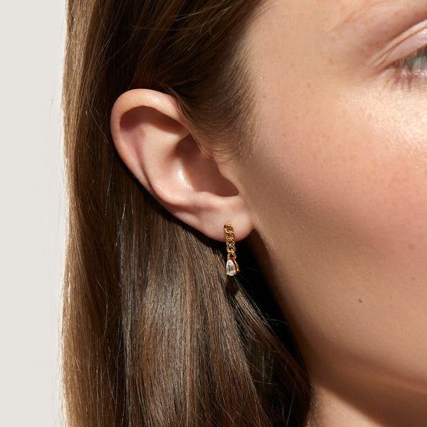 FE1937 925 Sterling Silver Link Chain Pear CZ Stud Earrings