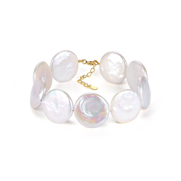 FS0293 925 Sterling Silver Flat Round Pearl Bracelet