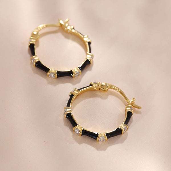 YHE0406 925 Sterling Silver Bamboo Black Enamel Hoop Earring