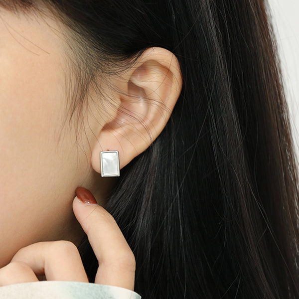RHE1063 925 Sterling Silver Retro Rectangle Square Shell Women Stud Earring