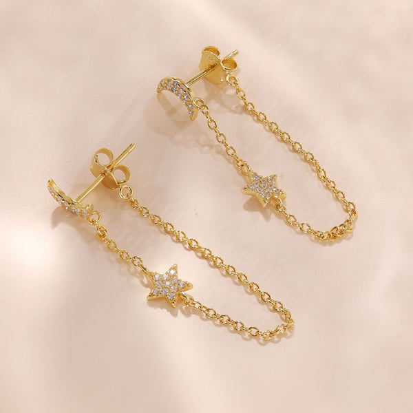 YHE0473 925 Strling Silver Crescent & Star CZ Long Chain Earring