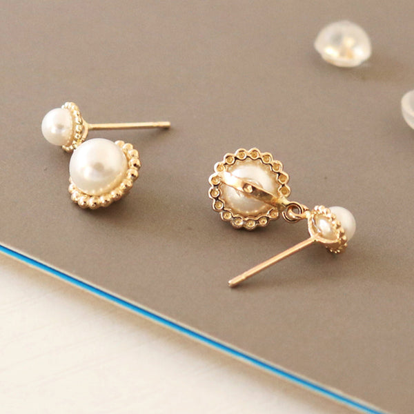 PE0067 925 Sterling Silver Luxury Round Pearl Beaded Drop Stud Earrings