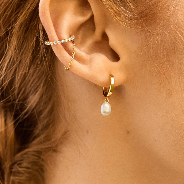 PE0035 925 Sterling Silver Classic Women Freshwater Pearl Dangle Hoop Earrings