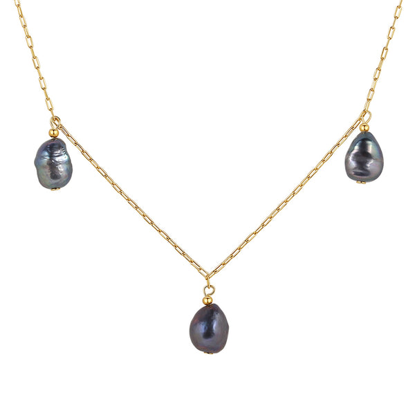 FX0761 925 Sterling Silver Triple Black Freshwater Pearl Necklace