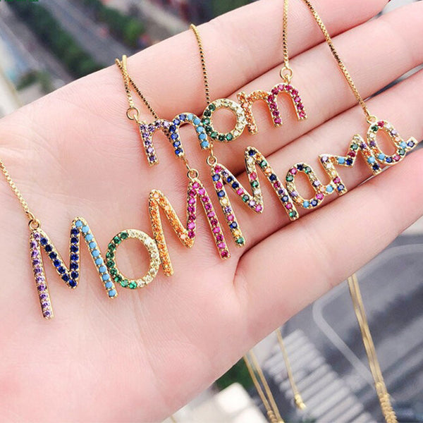 FX0495 925 Sterling Silver Rainbow Zircon Mom Necklace