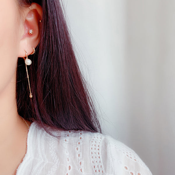 PE0057 925 Sterling Silver Gold Bead Freshwater Pearl Chain Hoop Earrings