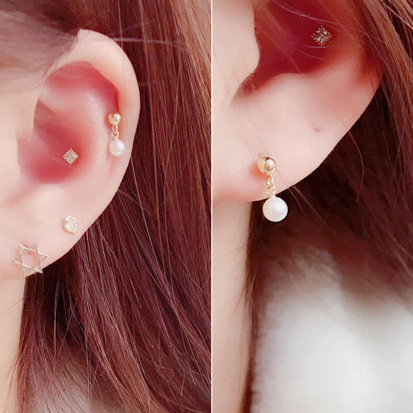 PE0101 925 Sterling Silver Gold Bead Freshwater Pearl Drop Stud Earring