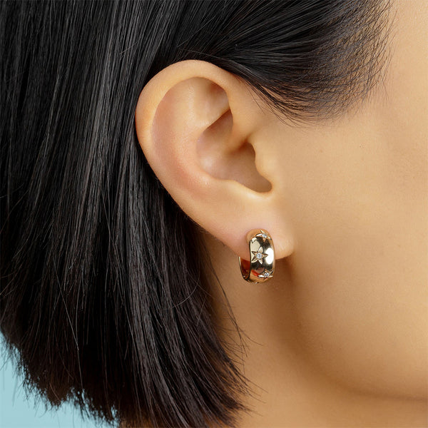 FE1948 925 Sterling Silver Vintage CZ Star Chunky Huggie Hoop Earrings