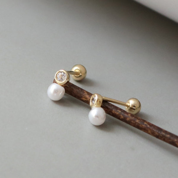 PE0081 925 Sterling Silver Dainty Bezel Set CZ Freshwater Pearl Barbell Stud Earring