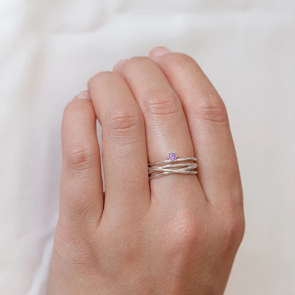 FJ0486 925 Sterling Silver Purple Zircon Multi Layer Ring