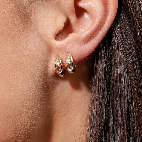 FE1965 925 Sterling Silver Buguette Cubic Zirconia Chunky Huggie Hoop Earrings