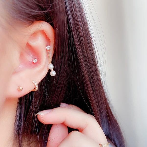 PE0061 925 Sterling Silver Double Chain Shell Pearl Stud Earring