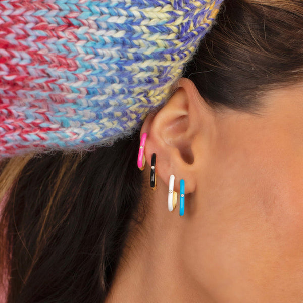 FE1999 925 Sterling Silver Rainbow Enamel CZ Oval Huggie Hoop Earrings