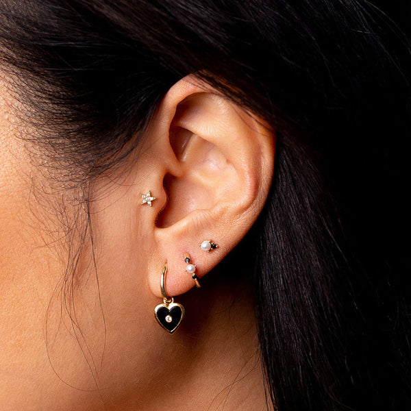 PE0032 925 Sterling Silver Claw Blavk CZ & Pearl Women Huggie Earrings