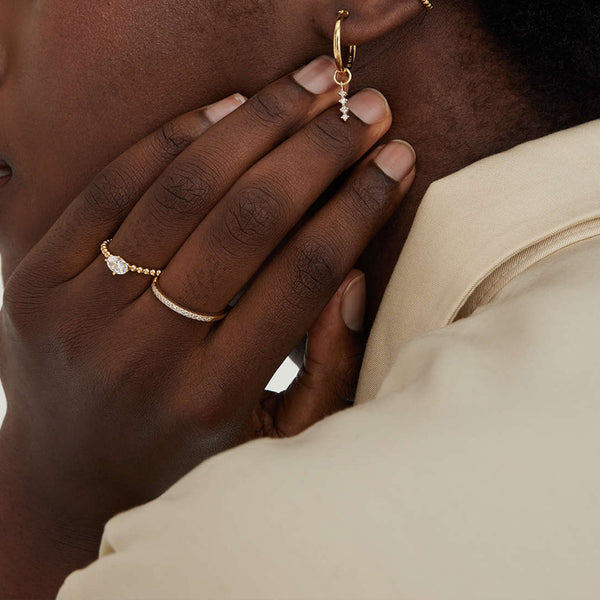 FJ0825 925 Sterling Silver Beaded Oval Cubic Zirconia Women Gold Rings