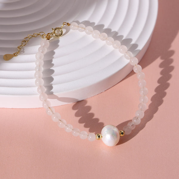 PB0023 925 Sterling Silver Pink Crystal Bead & Singke Pearl Bracelet