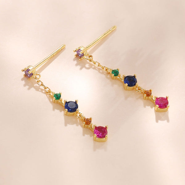 YHE0282 925 Sterling Silver Rainbow Cubic Zirconia Chain Tassel Earring For Women