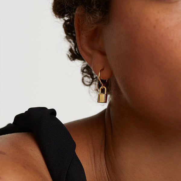 FE1404 925 Sterling Silver Lock Pendant Hoop Earrings