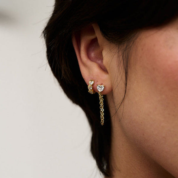 FE2016 925 Sterling Silver Heart Cubic Zirconia Chain Stud Earrings