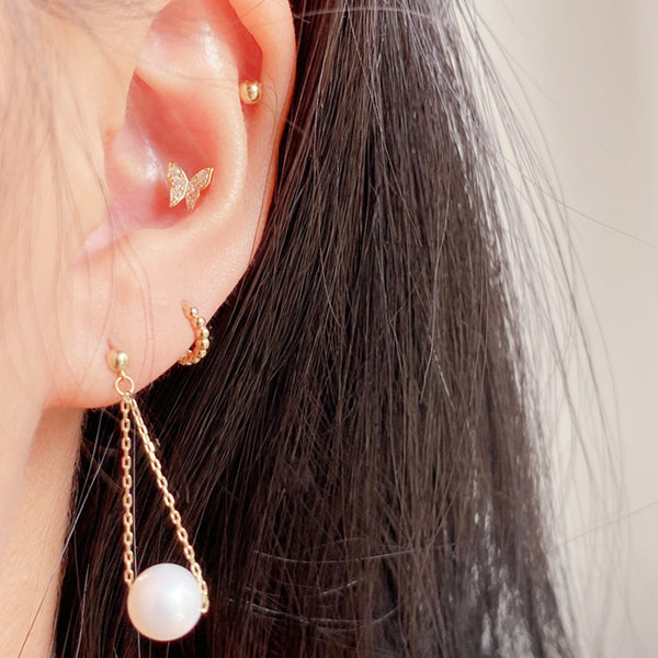 PE0073 925 Sterling Silver Single Round Shell Pearl Chain Stud Earring