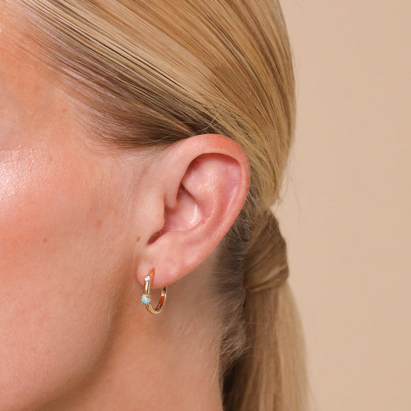 FE1901 925 Sterling Silver Minimaliist CZ Blue Opal Hoop Earrings