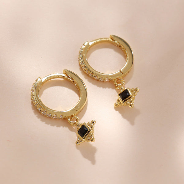 YHE0396 925 Sterling Silver Black Stone Cross Bead Dangle Earring