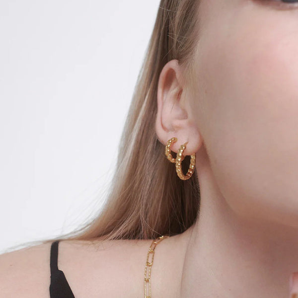 FE1989 925 Sterling Silver Beaded Gold Hoop Earrings