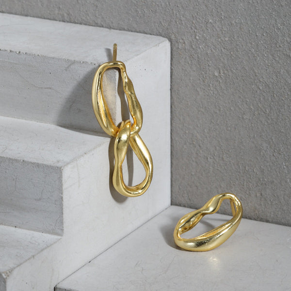 RHE1076 925 Sterling Silver Interlock Irregular Hoop Women Earrings