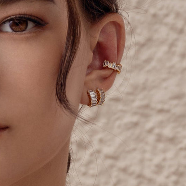 FE1914 925 Sterling Silver Baguette Cubic Zirconia Huggie Hoop Earrings