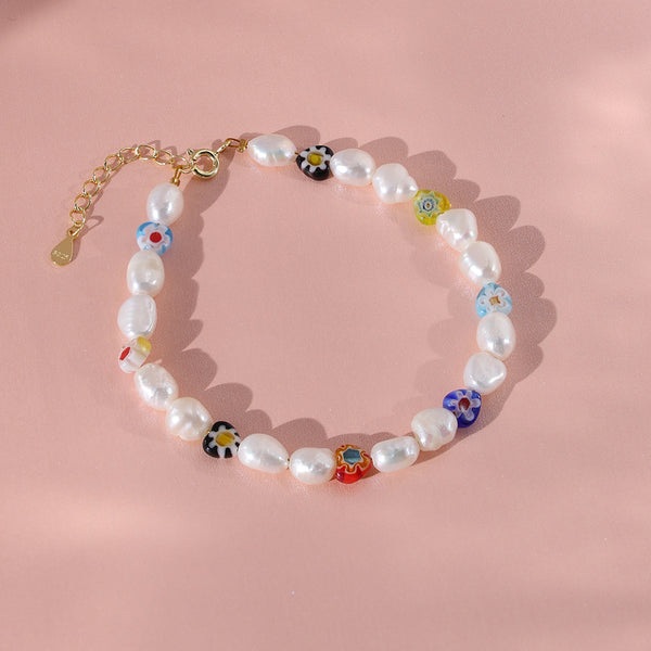 PB0027 925 Sterling Silver Freshwater Pearl Colorful Glass Beads Bracelet