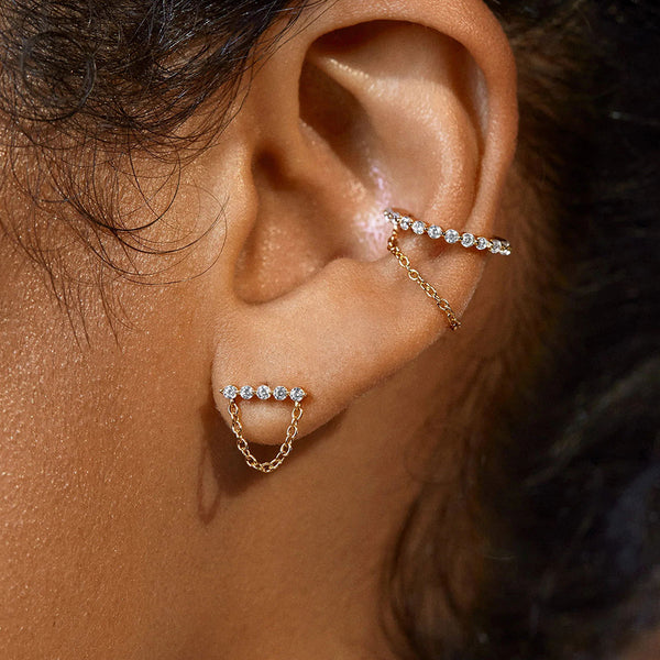 FE1919 925 Sterling Silver Pave CZ Link & Chan Stud Earrings