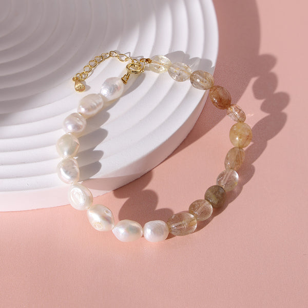 PB0016 925 Sterling Silver Trendy Copper Hair Crystal Freshwater Pearl Bracelet