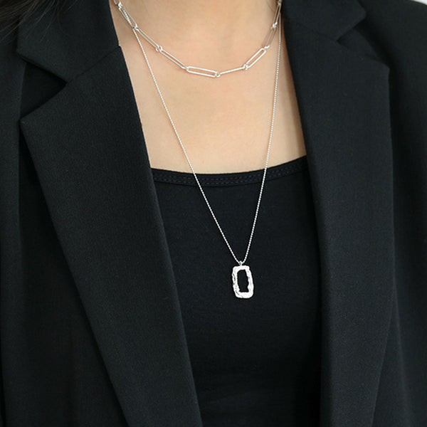 RHX1027 Hammered Rectangle Pendant Bead Chain Necklace