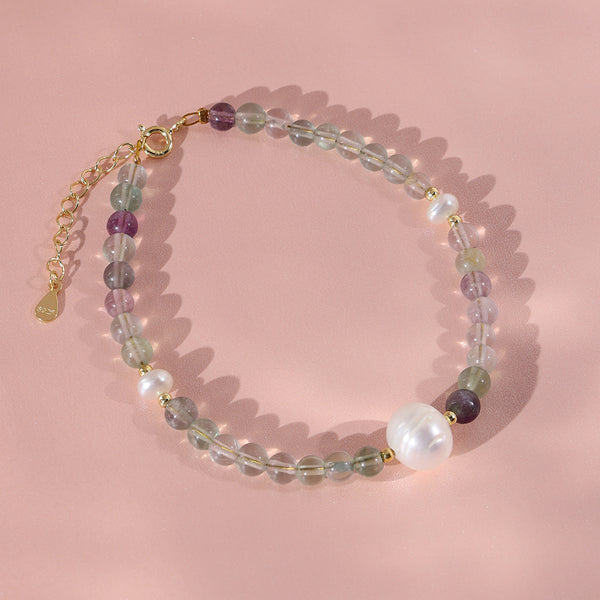 PB0009 925 Sterling Silver Fluorite Bead Stone Pearl Bracelet