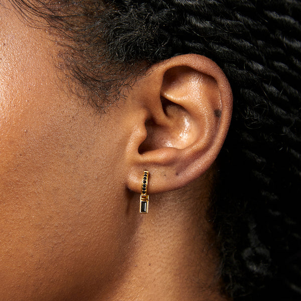 FE1960 925 Sterling Silver Black Cubic Zirconia Spinel Huggie Hoop Earrings