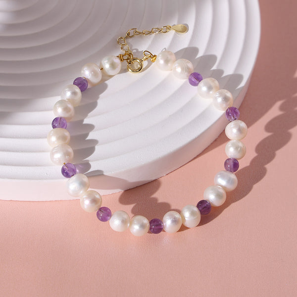 PB0011 925 Sterling Silver Amethyst Freshwater Pearl Women Bracelet
