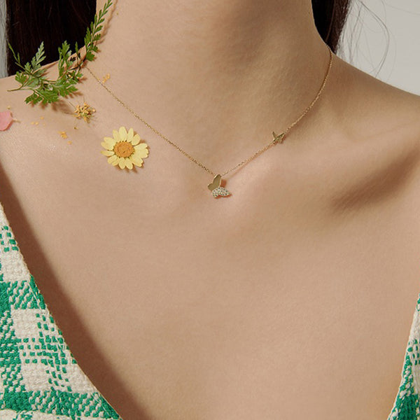 FX0473 925 Sterling Silver CZ Double Butterfly Necklace