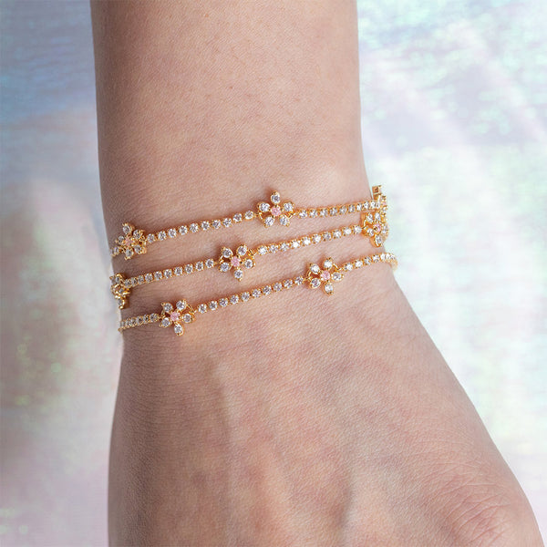 FS0226 925 Sterling Silver Cubic Zirconia Flower Tennis Bracelet